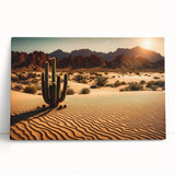 Stretched canvas artwork showcasing a vibrant desert landscape design with warm earthy tones, leaning against a textured wall, perfect for home decor.
