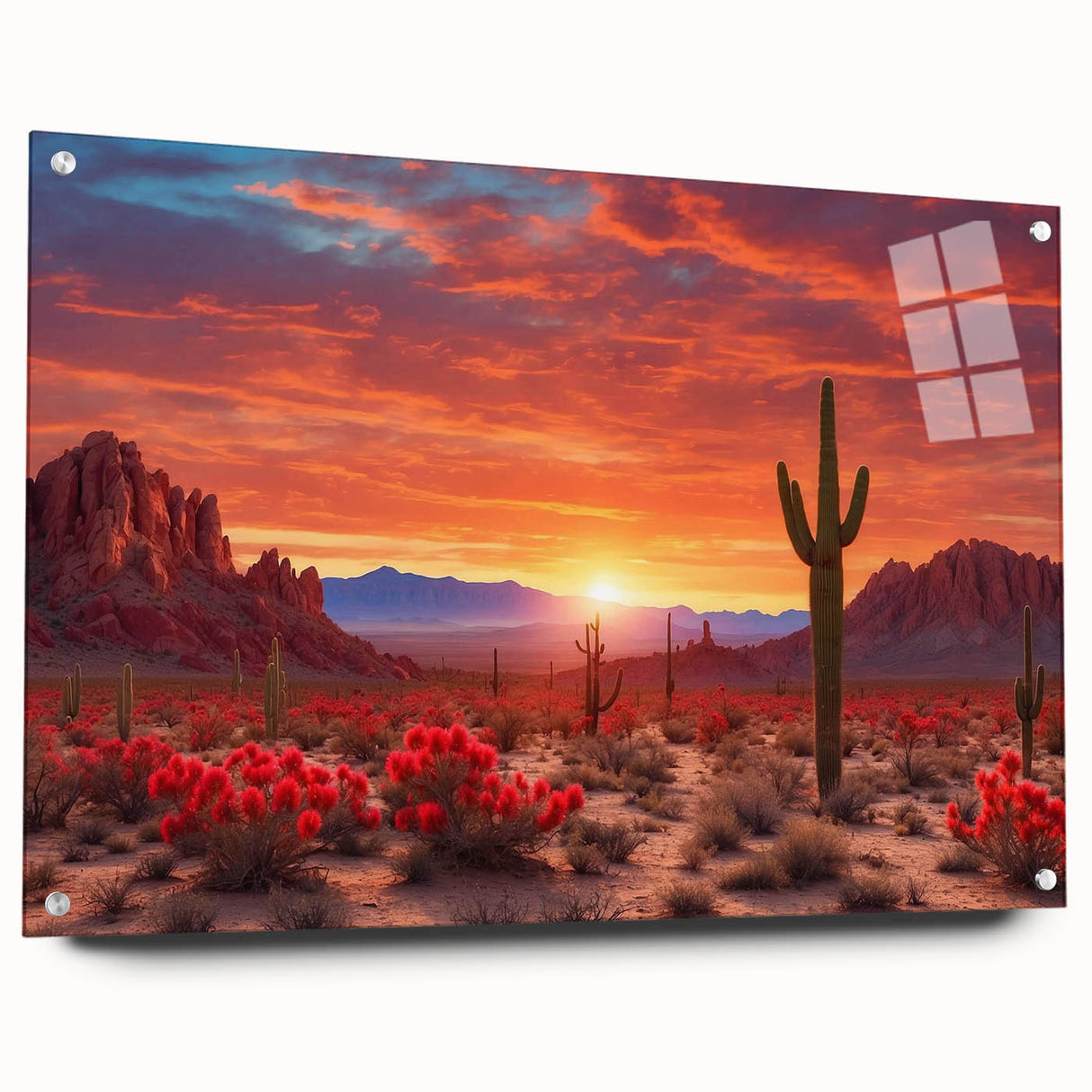 Acrylic wall art design showcasing a desert landscape in vibrant colors, displayed on a glass surface with pins, ideal for contemporary home decor.
