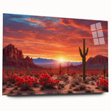 Acrylic glass wall art displaying a striking desert landscape design, showcasing warm tones of orange and beige, ideal for modern home decor. This side view highlights its sleek finish and contemporary style, perfect for enhancing living spaces.