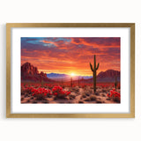 Framed desert landscape wall art collection with gold accents, showcasing vibrant colors and intricate details, perfect for modern home decor.
