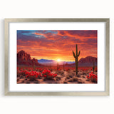 Framed desert landscape wall art in a silver mat showcasing vibrant colors and intricate details, perfect for enhancing modern home decor aesthetics.