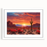Framed wall art depicting a serene desert landscape in warm tones, featuring cacti and mountains, elegantly presented with a white mat in a modern frame. Ideal for enhancing home decor with a touch of nature.