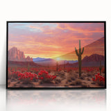 Framed acrylic wall art showcasing a stunning desert landscape design, featuring vibrant colors and intricate details, set in a sleek black frame for modern decor enhancement.