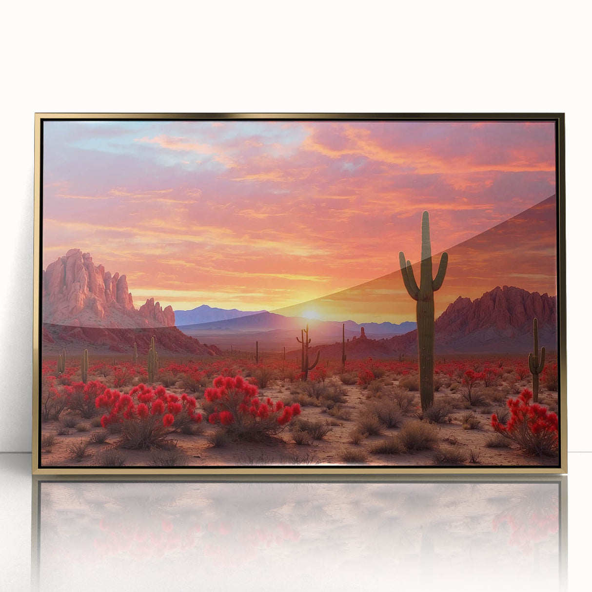 Framed wall art featuring a stunning desert landscape design with rich gold accents, ideal for modern home decor. The acrylic finish enhances visual depth and elegance.