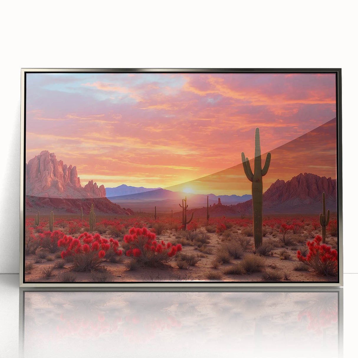 Framed acrylic wall art showcasing a stunning desert landscape design, featuring warm sandy tones and intricate details, perfect for modern home decor.