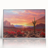 Framed acrylic wall art depicting a serene desert landscape, showcasing warm tones of orange and beige, designed to enhance modern home decor.