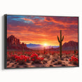 Framed canvas wall art featuring a desert landscape design with vibrant colors and intricate details, displayed in a sleek black frame, perfect for modern decor.