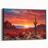 Framed canvas wall art featuring a desert landscape design with vibrant colors and intricate details, displayed in a sleek black frame, perfect for modern decor.