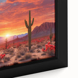 Close-up of a framed canvas wall art piece showcasing a vibrant desert landscape design, featuring warm hues of orange and gold, ideal for modern home decor.
