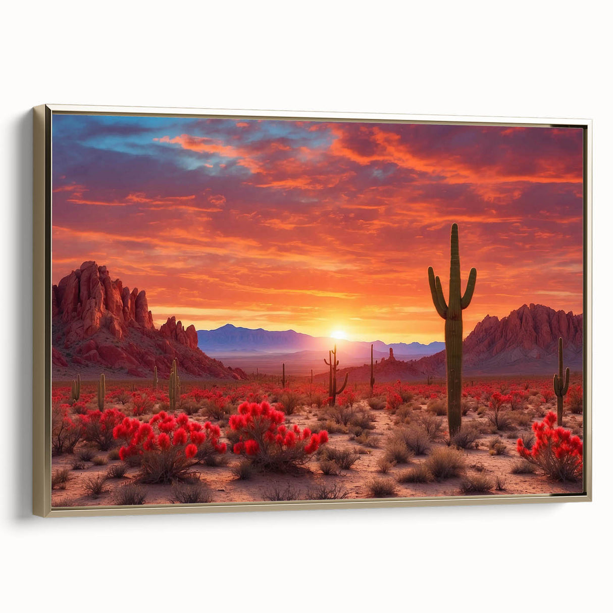 Framed canvas wall art showcasing a stunning desert landscape design with warm gold tones, adding elegance and sophistication to any room décor.