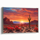 Framed canvas wall art showcasing a desert landscape design, featuring warm earthy tones and intricate details, elegantly displayed with a sleek silver frame.