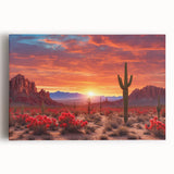 Stretched canvas wall art showcasing a vibrant desert landscape with warm hues of orange and yellow, ideal for home decor or office spaces, enhancing aesthetic appeal.