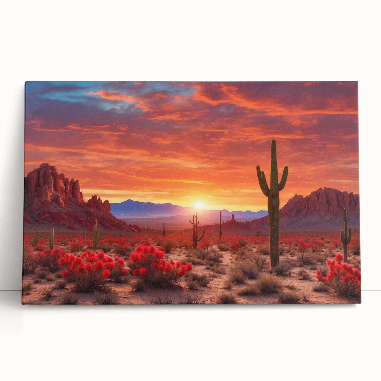 Desert landscape wall art on stretched canvas, showcasing vibrant colors and intricate details, leaning against a neutral wall, perfect for home decor.