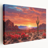 Stretched canvas artwork showcasing a vibrant desert landscape design, featuring warm tones of orange and yellow with intricate details, perfect for home décor.