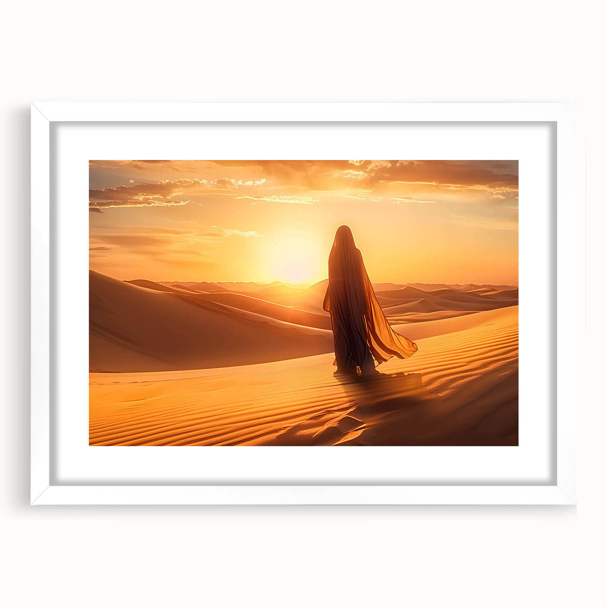 Framed wall art featuring a desert landscape design with vibrant colors and intricate details, showcased in a white mat and frame, ideal for modern home decor.