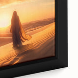 Close-up of a framed desert landscape wall art piece showcasing vibrant oranges and yellows, highlighting intricate textures and artistic details, ideal for home decor.