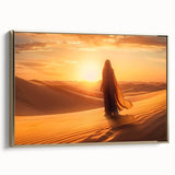 Framed landscape wall art featuring a serene desert scene with warm gold accents, perfect for modern home decor. Side view showcases its elegant design and frame.