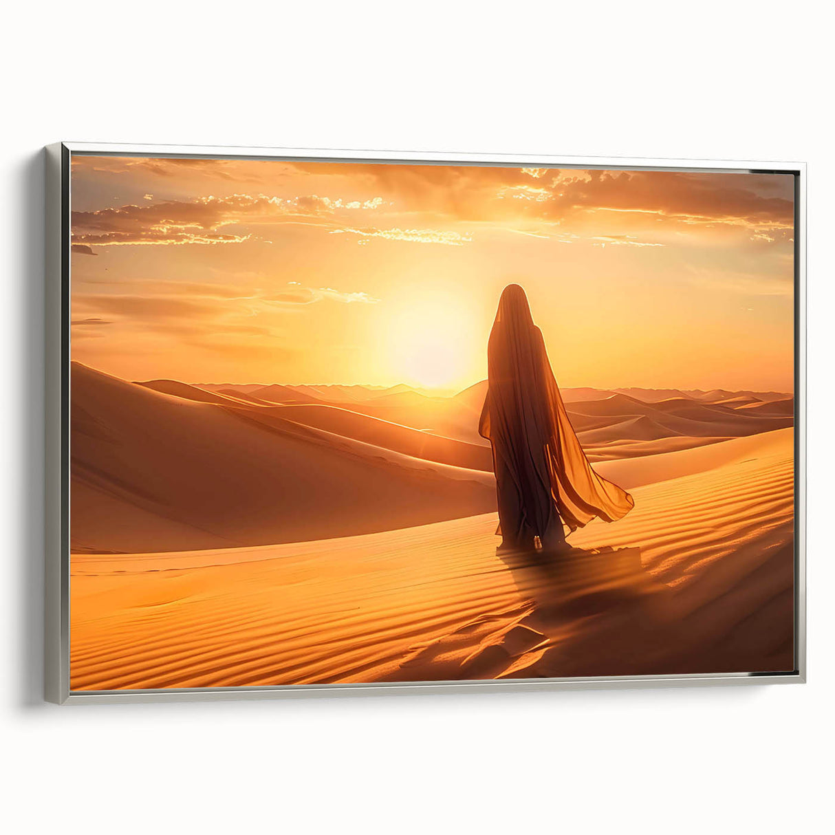 Framed canvas wall art showcasing a desert landscape design with earthy tones and silver frame, ideal for enhancing modern home decor and bringing nature indoors.