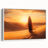 Framed canvas wall art showcasing a desert landscape design, featuring warm earthy tones and intricate details, set against a white frame for a modern aesthetic.