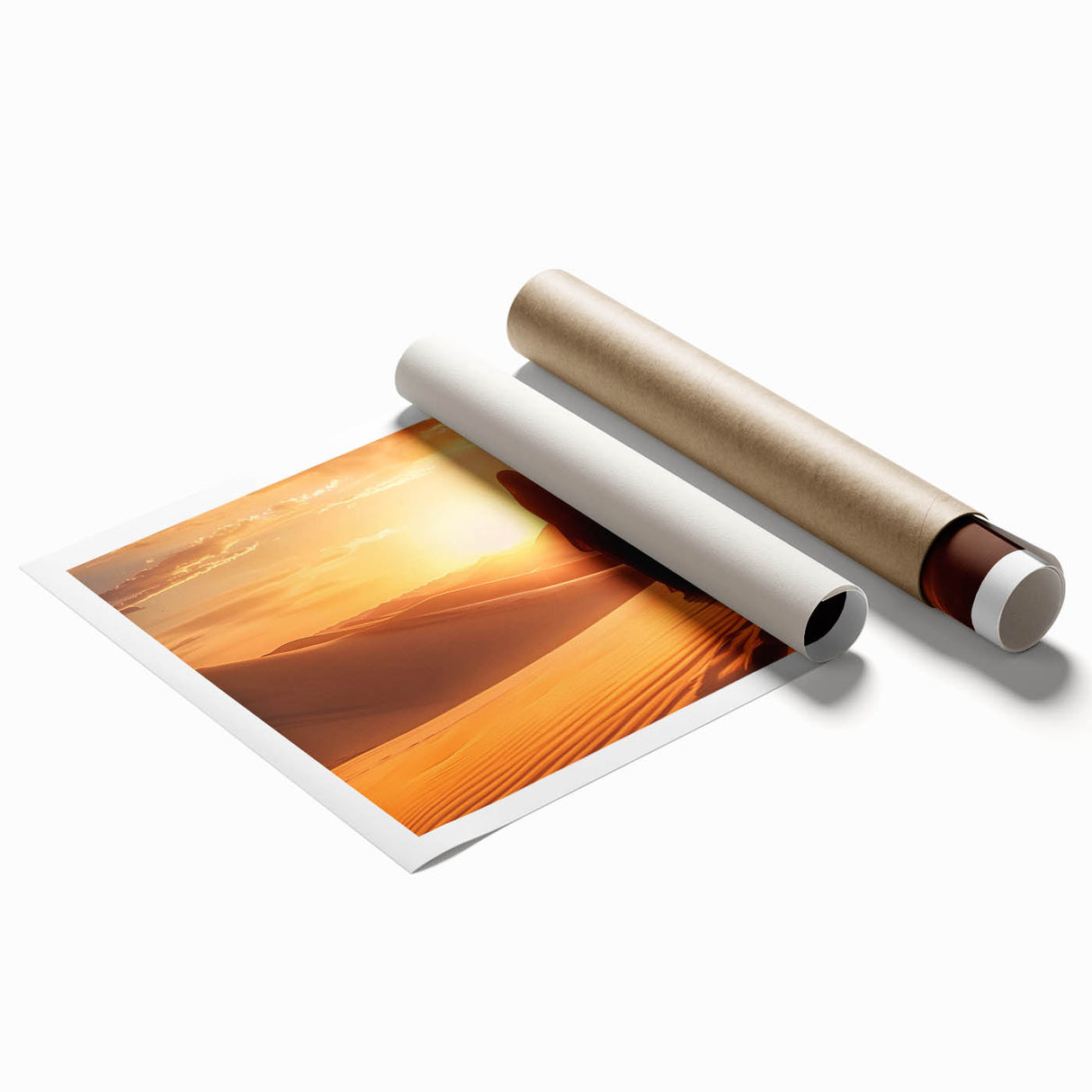 Desert landscape wall art print showcasing vibrant orange and yellow hues, rolled and ready for display, perfect for modern home decor enthusiasts.