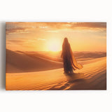 Stretched canvas wall art showcasing a vibrant desert landscape design with warm tones of orange and yellow, ideal for home decor or office spaces.