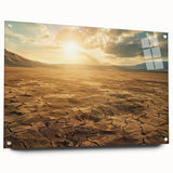 Acrylic glass wall art collection showcasing a stunning desert landscape design, displayed from a side view with decorative pins for a modern touch. Perfect for enhancing contemporary interiors with vibrant colors and intricate details.