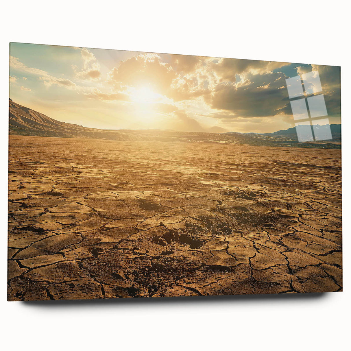 Acrylic glass wall art collection showcasing a vibrant desert landscape design with rich colors and intricate details, viewed from the side without pins, ideal for modern decor.