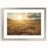 Framed wall art featuring a serene desert landscape design with a silver mat, perfect for modern home decor, showcasing earthy tones and tranquil vibes.