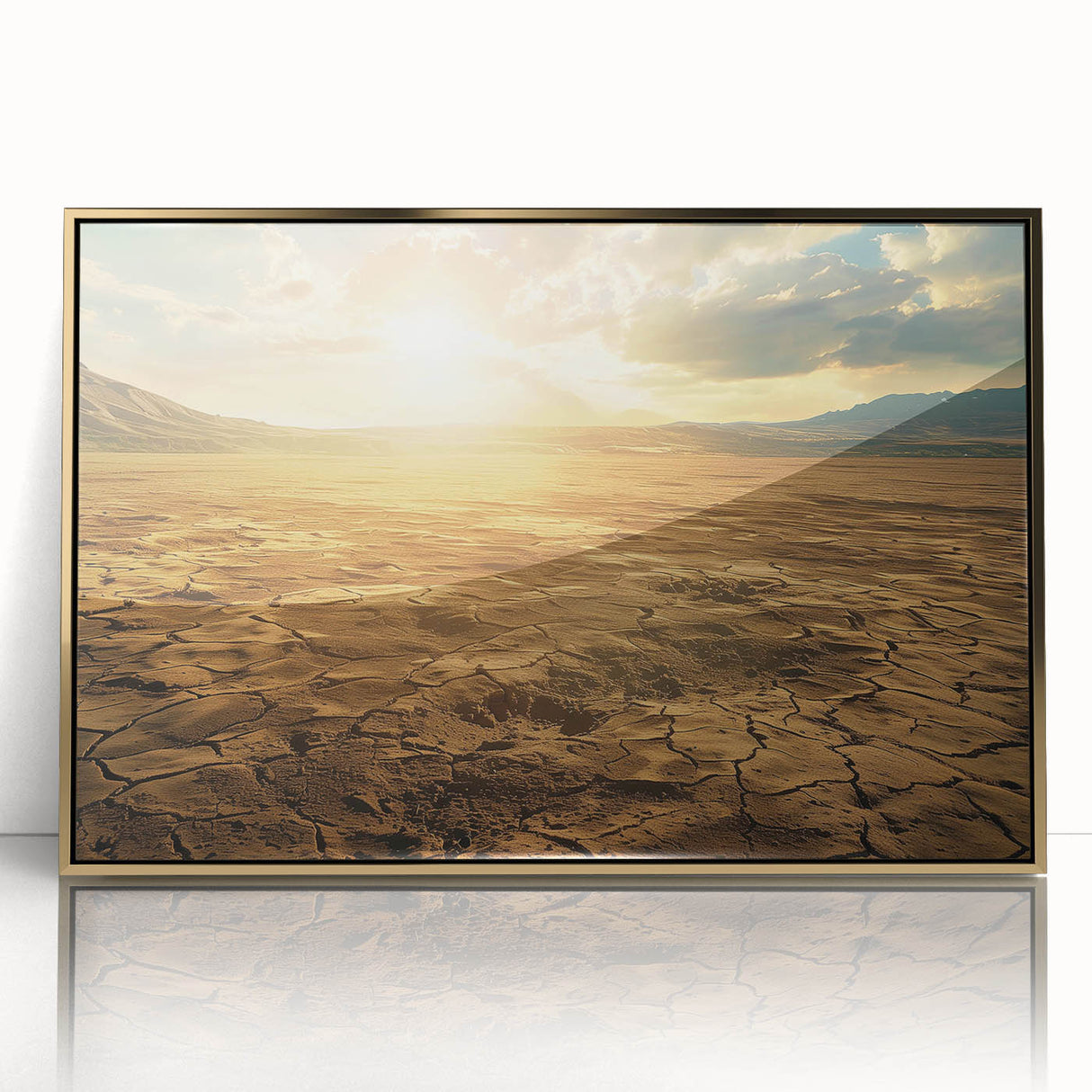 Framed acrylic wall art showcasing a vibrant desert landscape design with gold accents, perfect for modern home decor. Ideal for enhancing living spaces with artistic flair.
