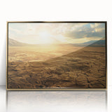 Framed acrylic wall art showcasing a vibrant desert landscape design with gold accents, perfect for modern home decor. Ideal for enhancing living spaces with artistic flair.