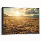 Framed canvas wall art showcasing a desert landscape design in earthy tones, featuring a sleek black frame, perfect for modern home decor.