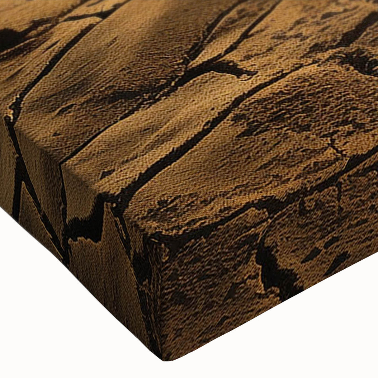 Close-up of a stretched canvas print showcasing a vibrant desert landscape design, featuring warm earth tones and intricate details, perfect for modern home decor.