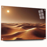 Acrylic wall art featuring a stunning desert landscape design, showcasing vibrant hues of orange and blue. The piece is displayed from a side view, highlighting its sleek finish and unique pin mounting, perfect for modern home decor.