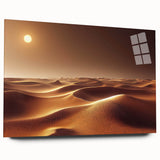 Acrylic glass wall art collection showcasing a vibrant desert landscape design, featuring warm earth tones and abstract patterns, displayed from a side view without pins.