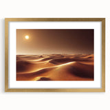Framed wall art showcasing a desert landscape design, featuring golden accents and a decorative mat, ideal for enhancing home decor with a serene aesthetic.