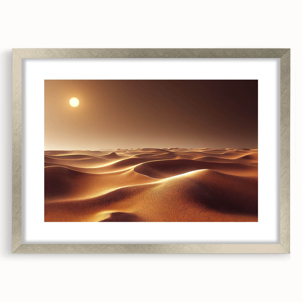 Framed wall art collection showcasing a vibrant desert landscape design, featuring silver accents and a mat, perfect for home decor enhancement.