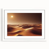 Framed white mat artwork displaying a desert landscape design, featuring warm colors and intricate details, ideal for home decor or office settings.