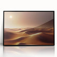 Framed acrylic wall art featuring a modern desert landscape design, presented in a sleek black frame with a glossy finish, perfect for home decor.