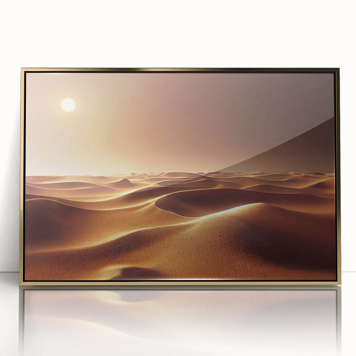Framed acrylic wall art featuring a stunning desert landscape design, highlighted by gold accents, perfect for enhancing modern home décor with a touch of elegance.