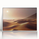 Framed acrylic wall art featuring a vibrant desert landscape design with warm earthy tones, displayed against a white background, ideal for enhancing home decor.