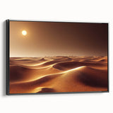 Framed canvas wall art showcasing a desert landscape design with muted earth tones and a sleek black frame, ideal for modern home decor. The piece emphasizes serene desert vibes and complements minimalist interiors.