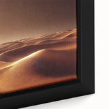 Close-up of a framed canvas showcasing a vibrant desert landscape design, featuring warm hues of orange and gold, perfect for modern home decor.