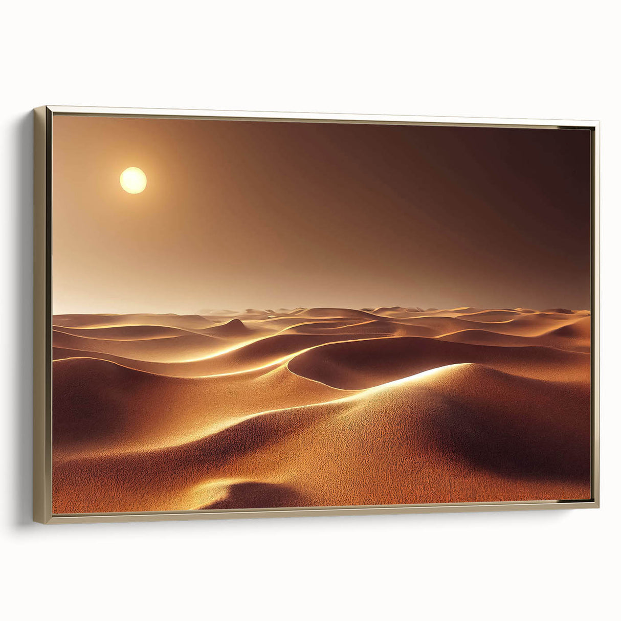Framed canvas wall art showcasing a vibrant desert landscape design with gold accents, ideal for modern home decor, enhancing any living space with its warm tones and artistic flair.