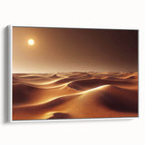 Framed canvas wall art showcasing a stunning desert landscape design with warm earthy tones, displayed from a side view against a neutral backdrop.