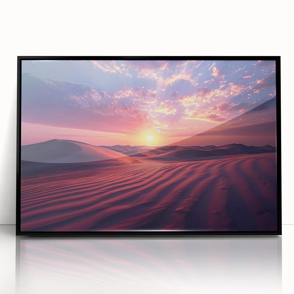 Framed acrylic wall art showcasing a stunning desert landscape design with vibrant colors, set in a sleek black frame, ideal for modern home décor.