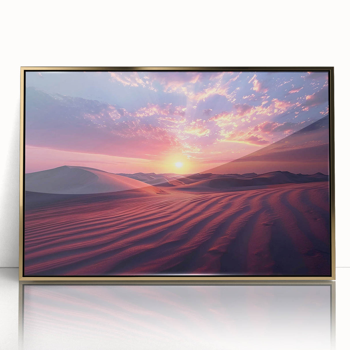 Framed acrylic wall art featuring a stunning desert landscape design with gold accents, perfect for enhancing modern home decor. Ideal for art lovers seeking a sophisticated touch.