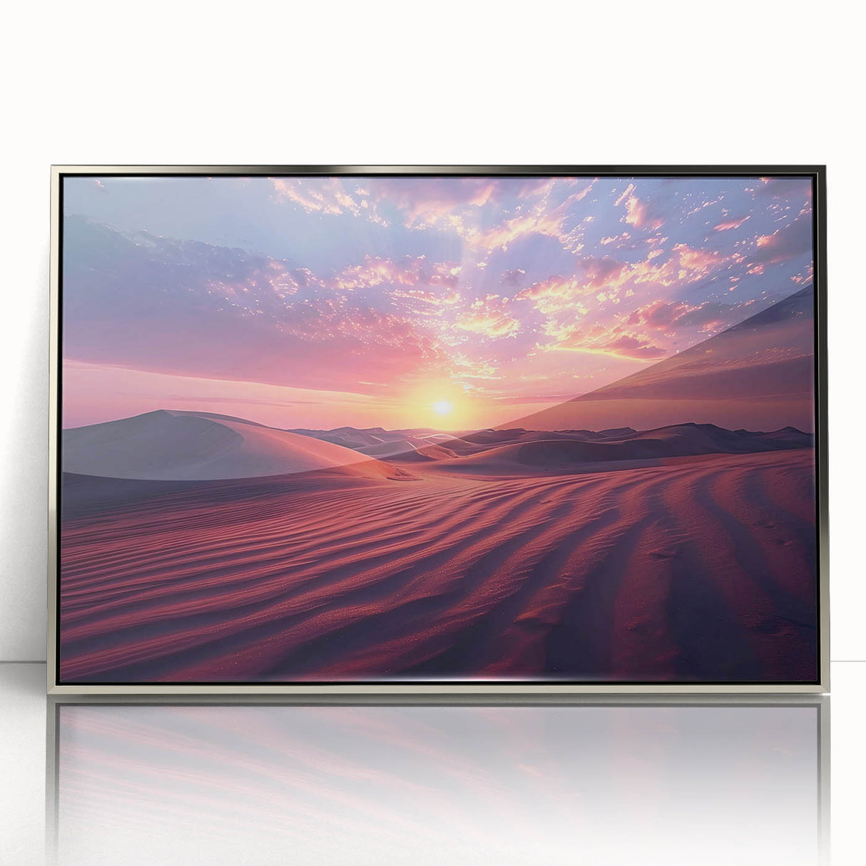 Framed wall art collection showcasing a stunning desert landscape design in silver-acrylic finish, perfect for modern home decor. Ideal for enhancing interior aesthetics.