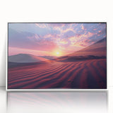 Framed acrylic wall art showcasing a vibrant desert landscape design with warm earthy tones, ideal for modern home decor. Front view highlights sleek white frame.