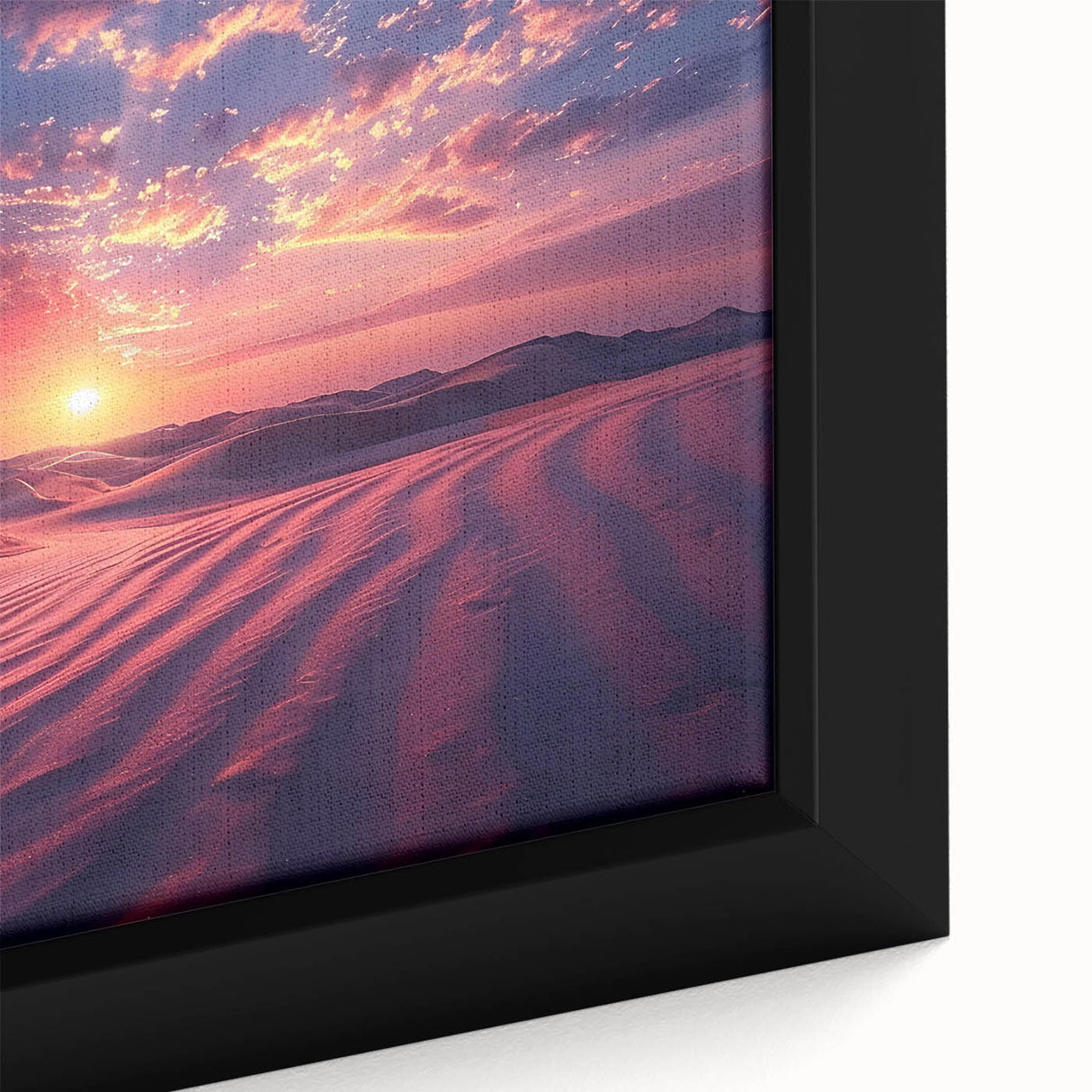 Close-up of a framed canvas depicting a vibrant desert landscape with warm hues of orange and yellow, showcasing intricate details and textures ideal for home decor.