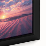 Close-up of a framed canvas depicting a vibrant desert landscape with warm hues of orange and yellow, showcasing intricate details and textures ideal for home decor.